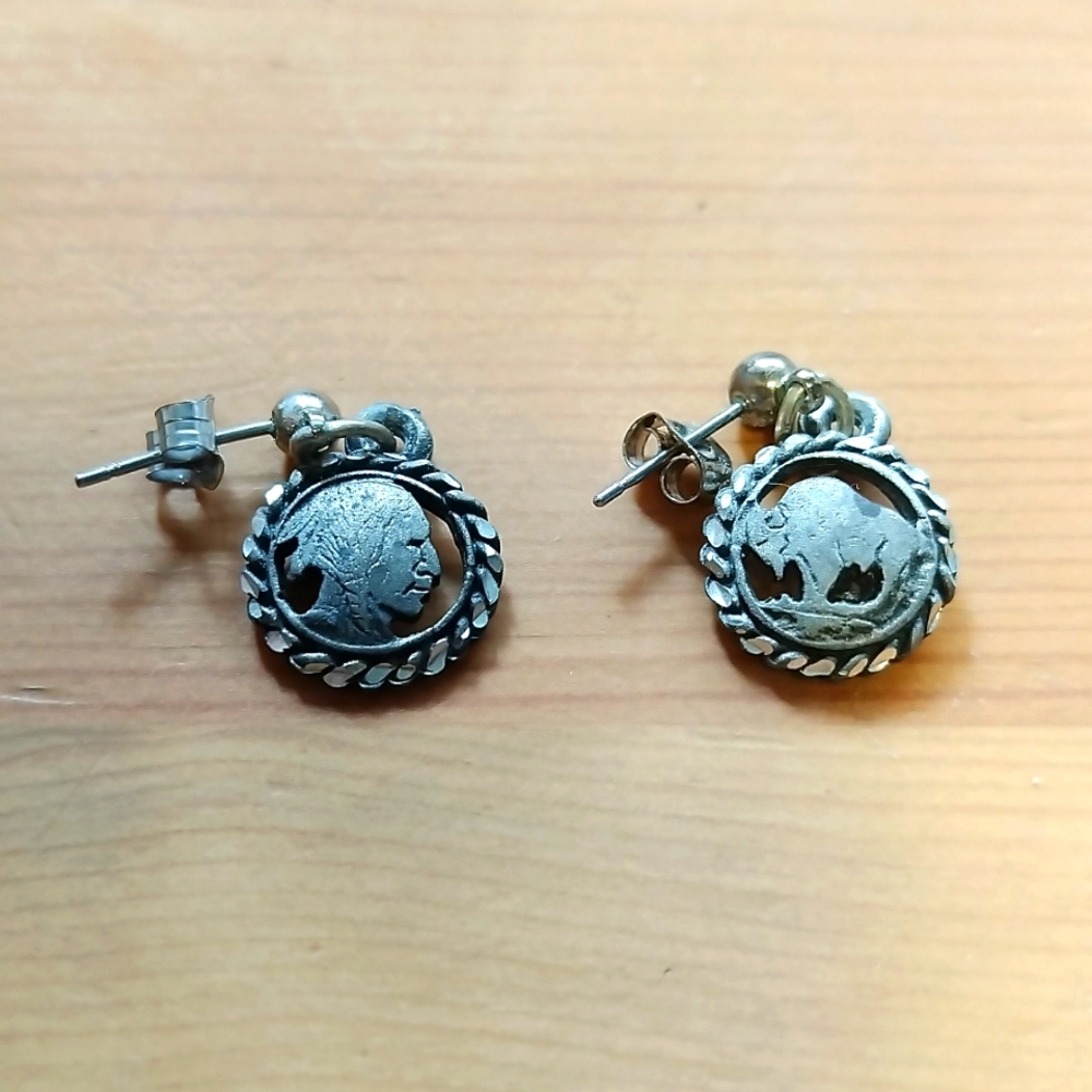 Vtg. EJC Buffalo Indian Head Pewter pierced earrings